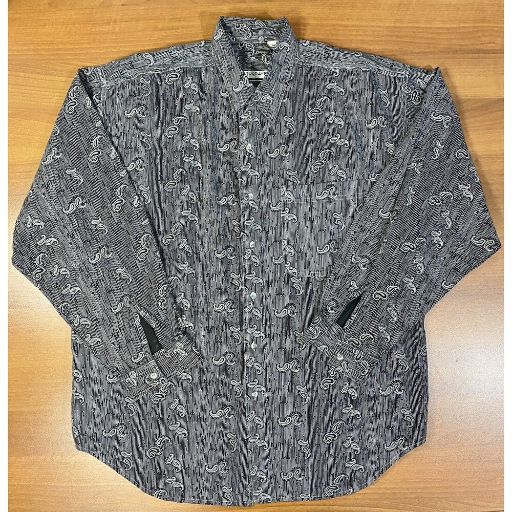 Saturdays NYC Men’s XL Button Down Shirt Black White Paisley Long Sleeve Casual